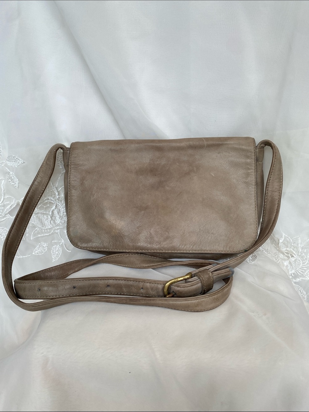 Vintage F Clegg Taupe Leather Flap Crossbody Bag